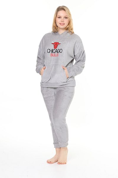 mervemoda Women's Gray welsoft hooded soft textured embroidery front double tracksuit set