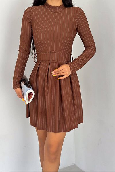 Neşeli Butik Дамска мини рокля с колан на райета KKLF58 - Taba