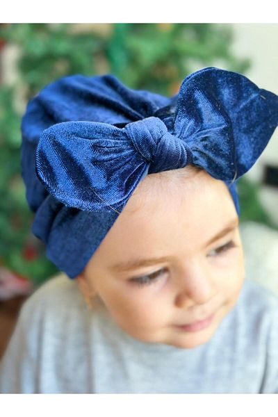 QUEEN AKSESUAR Luxury velvet women's children's wire-knot adjustable bow hair cap scarf navy blue