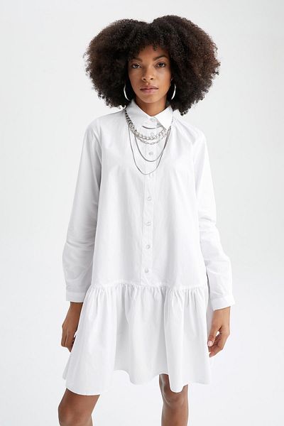 DeFacto Volant-detailliertes Hemdkragen-Langarm-Popeline-Sommerhemd-Minikleid aus 100 % Baumwolle