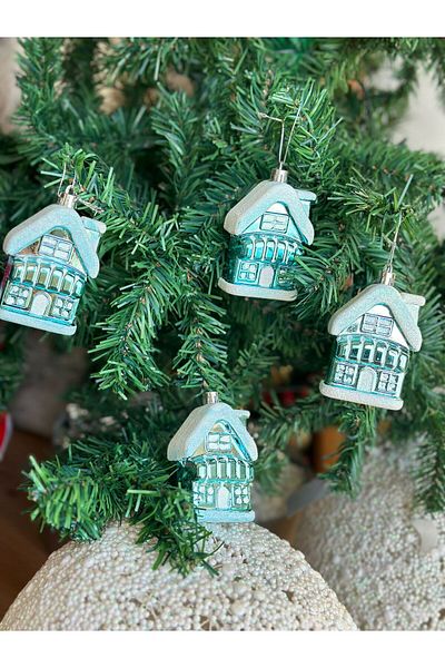 QUEEN AKSESUAR Imported Luxury Collectible Metallic Snowy Christmas House Christmas Pine Tree Ornament Room Decoration Set of 4