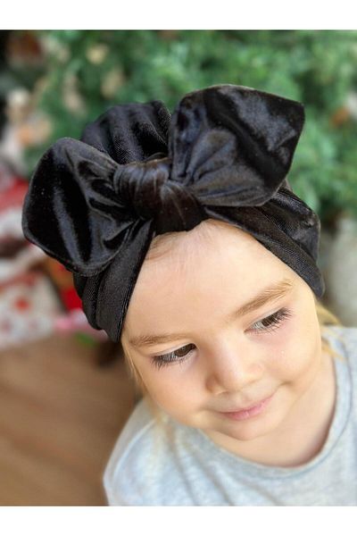 QUEEN AKSESUAR Luxury velvet women's children's wire-knot adjustable bow hair cap scarf black