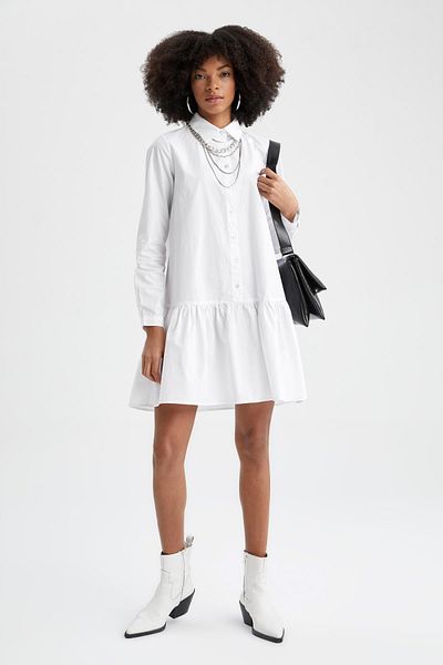 DeFacto Volant-detailliertes Hemdkragen-Langarm-Popeline-Sommerhemd-Minikleid aus 100 % Baumwolle