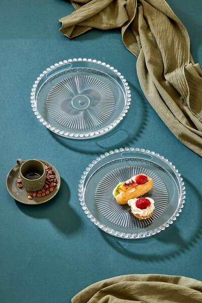 Lilya Home Boncuklu Mika Sunum Tepsi Yuvarlak Kahve Sunum Tepsisi 22 Cm