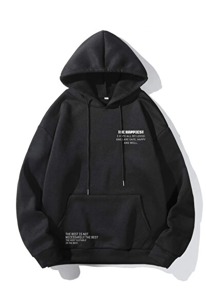 Unique Unisex Siyah Happiest Baskılı Oversize Kapşonlu Sweatshirt