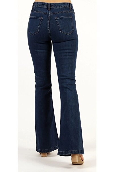Trn JNS Dorya Ispanyol Paça Koyu Mavi Flare Süper Yüksek Bel Kadın Jeans Pantolon