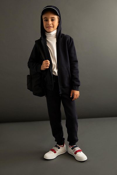 DeFacto Boy's Navy Blue Hooded Sweat School Cardigan