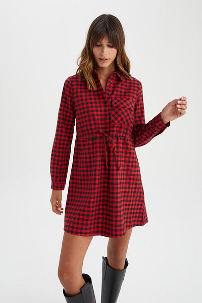 DeFacto A-Line Shirt Collar Checked Flannel Mini Long Sleeve 100% Cotton Dress