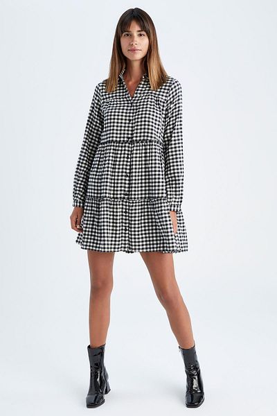 DeFacto Shirt Collar Checked Flannel Mini Long Sleeve 100% Cotton Dress
