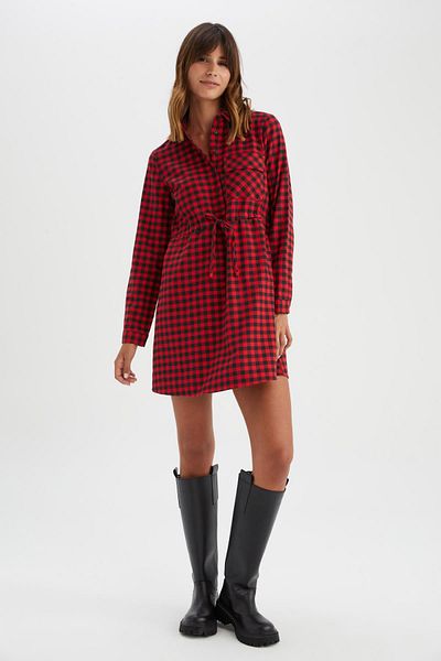 DeFacto A-Line Shirt Collar Checked Flannel Mini Long Sleeve 100% Cotton Dress