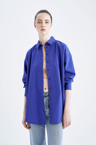 DeFacto 100% bumbac, supradimensionat, cu croiala largă, poplin, cămașă de bază, solidă, cu mânecă lungă, tunică T5494az22au