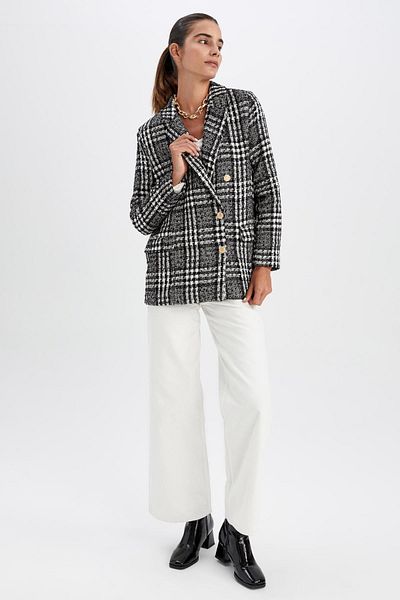 DeFacto Bunda oversize Fit s texturovaným tvídovým sakem s Houndstooth vzorem