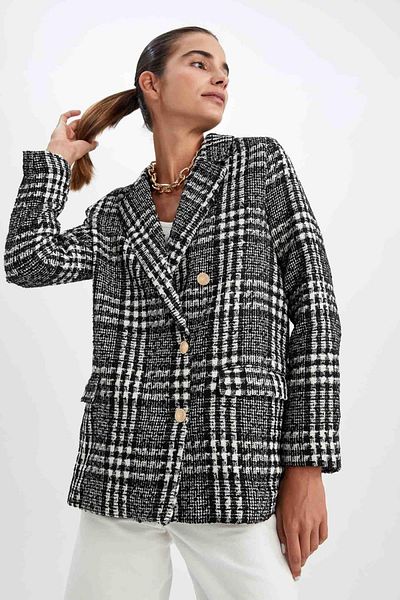 DeFacto Bunda oversize Fit s texturovaným tvídovým sakem s Houndstooth vzorem