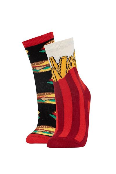 DeFacto Women's Hamburger Printed 2-Piece Cotton Fun Socks