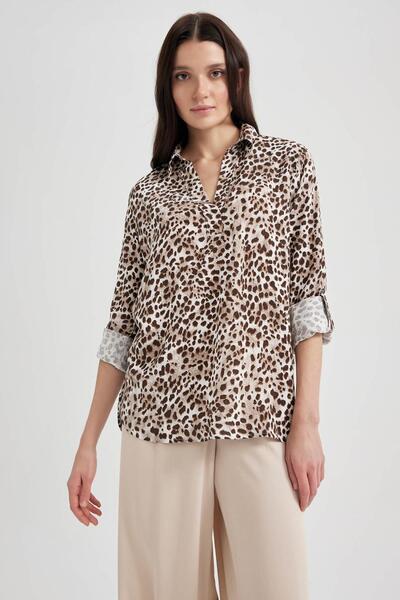 DeFacto Normál szabású szivárgó gallér, leopárdmintás hosszú ujjú blúz Y6431az22au