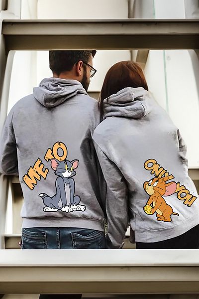Mythologie Tom And Jerry Me To Only You Dear Couple Combination - Γκρι στάμπα oversize φούτερ με κουκούλα