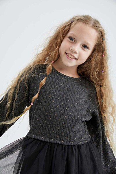 DeFacto Dívčí tylové šaty s dlouhým rukávem