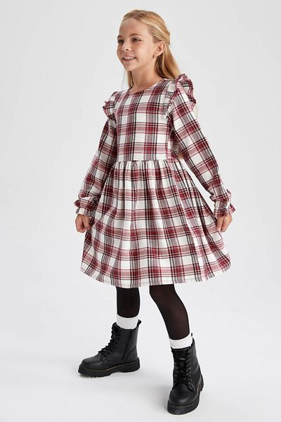 DeFacto Girl's Square Patterned Long Sleeve Flannel Dress
