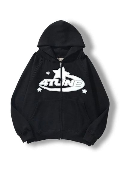 Josette Μαύρο φούτερ Unisex με φερμουάρ 4Tune Y2K με στάμπα Oversize Ζακέτα με κουκούλα