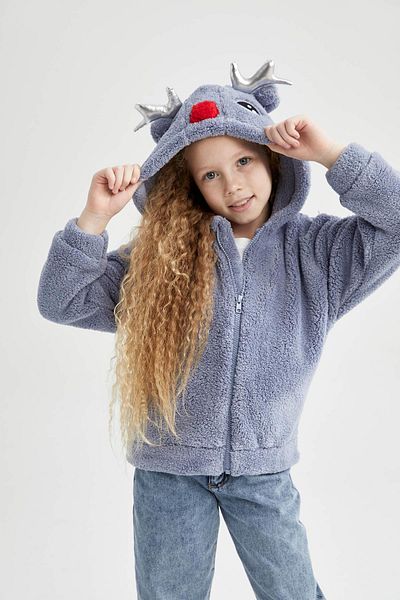 DeFacto Girl's Hooded Plush Cardigan with Soft Fuzzy Inside