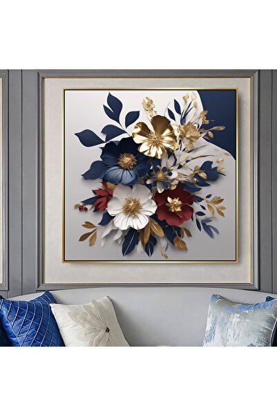 Markazip Bordo Lacivert Çiçekler Altın Metal Çerçeveli Kanvas Tablo 70x70cm Kod: Lh106-k