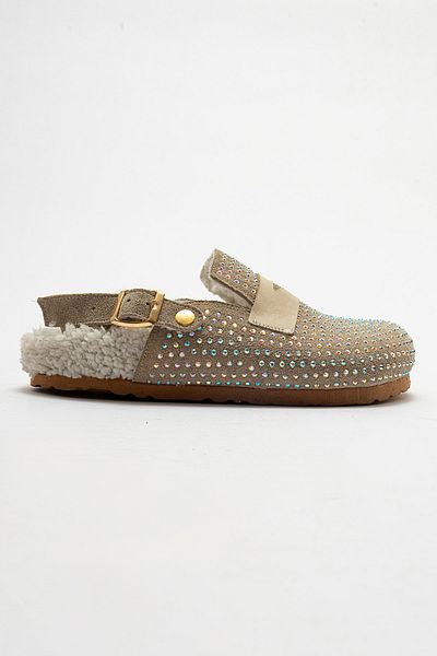 PASSAGE SHOES Γυναικείες χειμερινές παντόφλες από γνήσιο δέρμα πέτρινη γούνα 6242