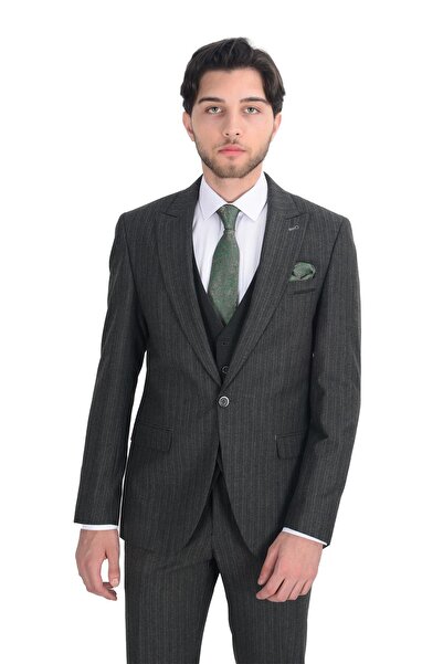 Cengiz İnler Desenli Kırlangıç Yaka Yelekli Erkek Takım Elbise