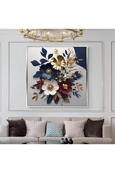 Markazip Bordo Lacivert Çiçekler Gümüş Metal Çerçeveli Kanvas Tablo 70x70cm K...