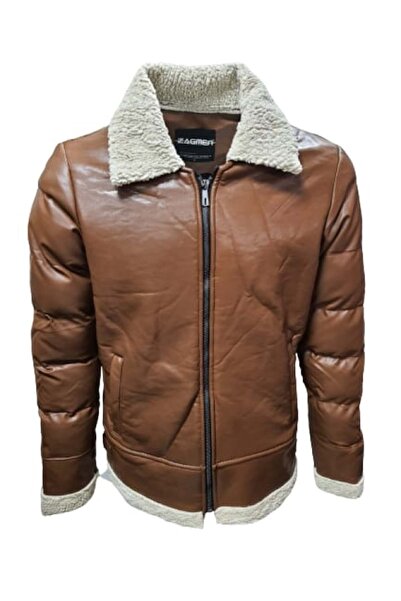 ZAGMEN Z01037 Erkek Yakası Kürklü Fermuarlı Deri Ceket Açık Kahverengi