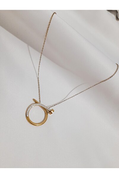 nilüfer takı tasarım çelik gold zirkon taşlı çivi kolye