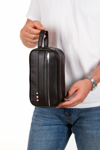 Newish Чоловіча чорна веганська шкіряна бритва ручна сумка алюмінієвий механізм гаманець тримач картки гаманець