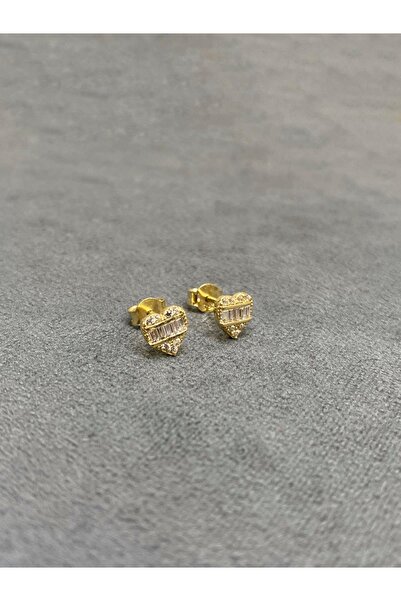 ARSLANTAŞ 1989 14 Ayar Altın Kalpli Baget Taşlı Vidalı Küpe