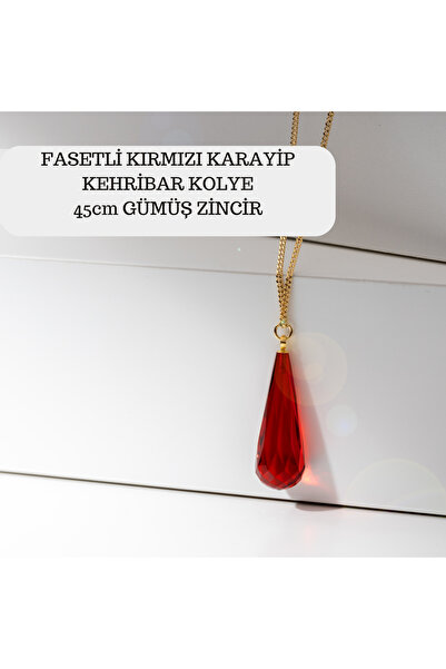 Amber by Mazukna Kırmızı Fasetli Damla Kesim Kehribar Kolye, Gümüş Altın Kapl...