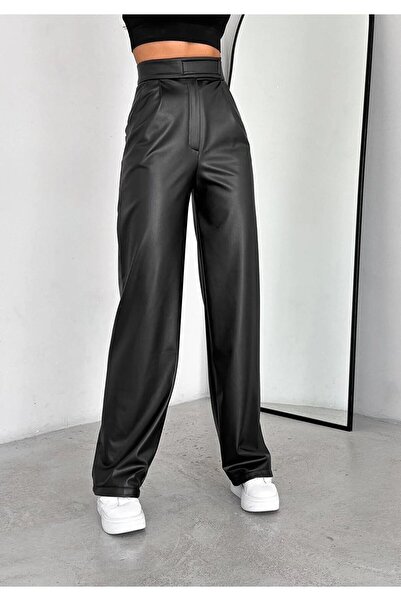 manolyabutik Γυναικείο δερμάτινο Velcro Inner Fleece Ψηλόμεσο Παντελόνι