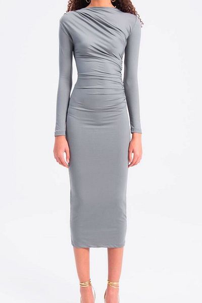FMN Moda women's smock detail long midi length body-hugging stylish trend long sleeve dress