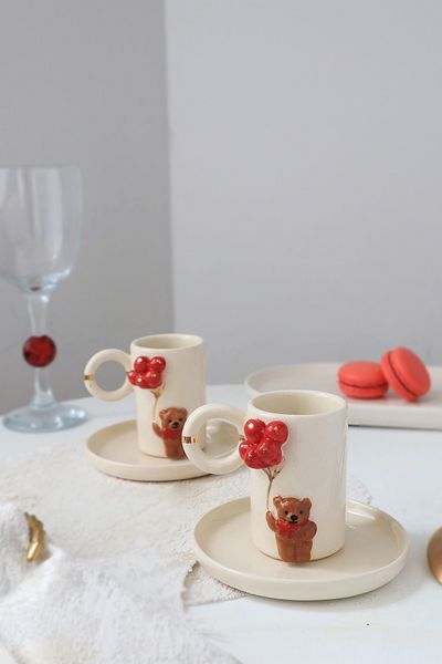 ada mia seramik Handmade 2-Piece Teddy Bear and Balloon Figured 24k Gold Decorated Ceramic Cup Set 120ml