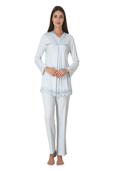 Lohussa Set de pijamale de maternitate din bumbac dantelat cu design albastru
