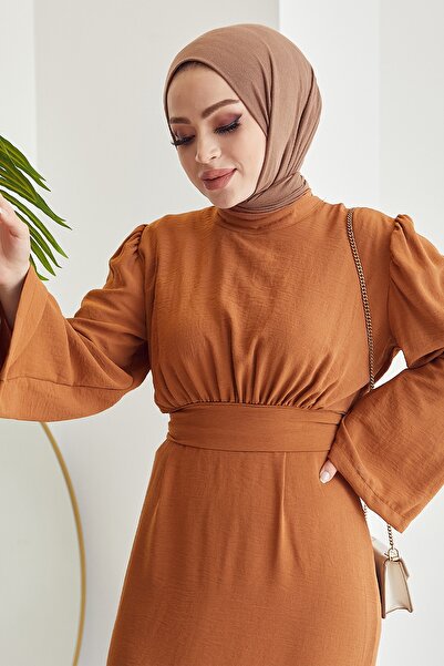 InStyle Rina Kendinden Kuşaklı Ayrobin Elbise - Turuncu