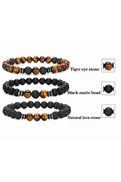serbestmoda Natural Stone Men's Bracelet Tiger Eye, Hematite and Onyx Birthda...