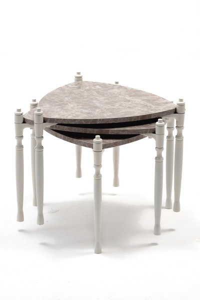 MOBETTO Puzzle Salon&Oturma Odası Üçgen Zigon Sehpa Takımı - Mermer Desenli&Bej