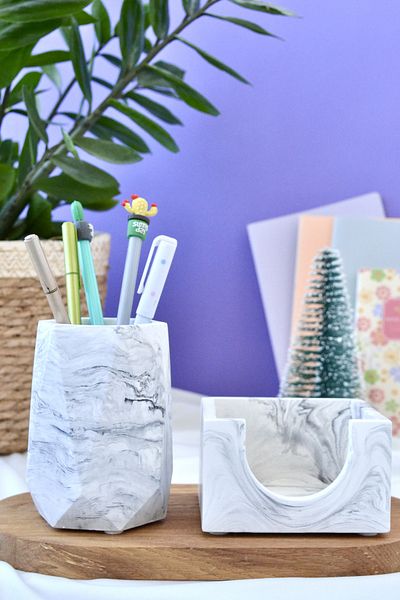 Bİ DOLU DÜKKAN Marble Patterned Double Office Set| Geometric Pen Holder Notepad Holder| Desktop Organizer