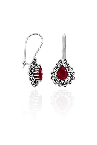 Aykat Telkari Gümüş Küpe Yakut Taşlı Oksitli Kadın 925 Ayar Gümüş Küpe KUPE-537