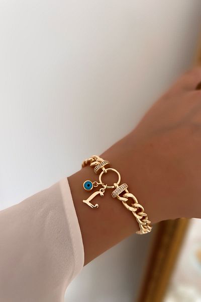Trendy Butik حرف L وعين الشر متدلية حجر الزركون هوب سوار