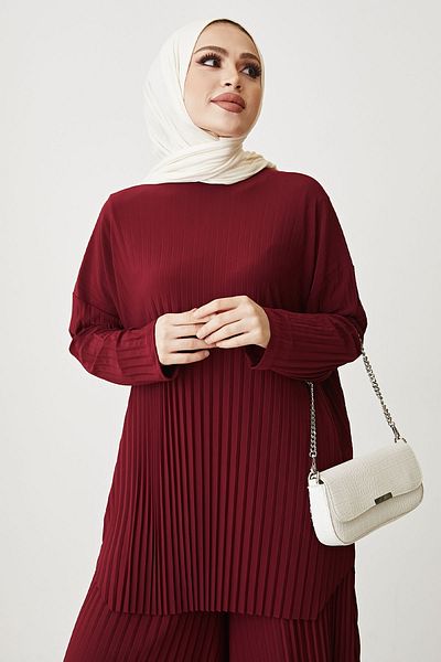 InStyle Set Dublu Tunica Pantaloni Plisati Mila - Rosu Claret