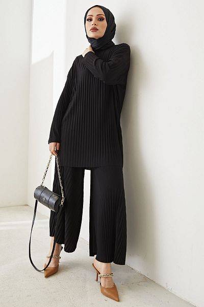 InStyle Mila Pleated Trousers Tunic Double Set - Black