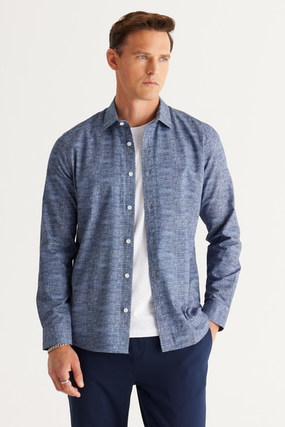 ALTINYILDIZ CLASSICS Чоловіча сорочка темно-синього кольору, облягаючого крою, з класичним коміром, 100% бавовна, з принтом