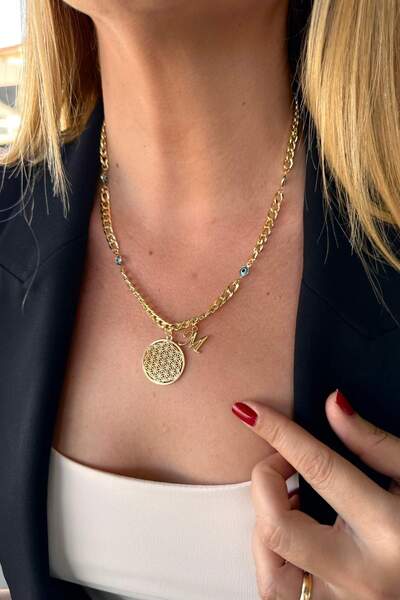 Trendy Butik Kişiye Özel Harfli Altın Kaplama Üç Nazarlı Yaşam Çiçeği ve M Ha...