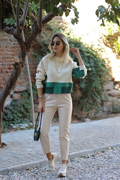 ORZUQLIFE Waist Lace Knee Seam Detail Leather Trousers
