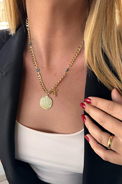 Trendy Butik Kişiye Özel Harfli Altın Kaplama Üç Nazarlı Yaşam Çiçeği ve T Ha...
