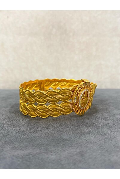 ARSLANTAŞ 1989 8 Ayar Altın Çift Örgü Model Osmanlı Tuğralı Taşlı Kelepçe Bilezik